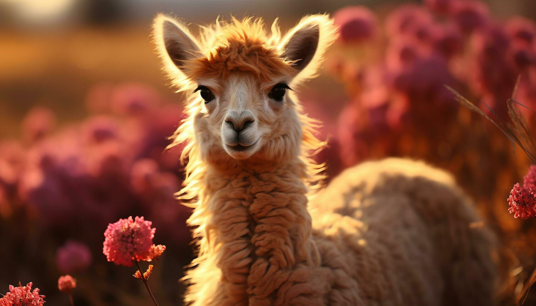 mignonne alpaga pâturage dans prairie, à la recherche à caméra, duveteux fourrure généré par ai photo