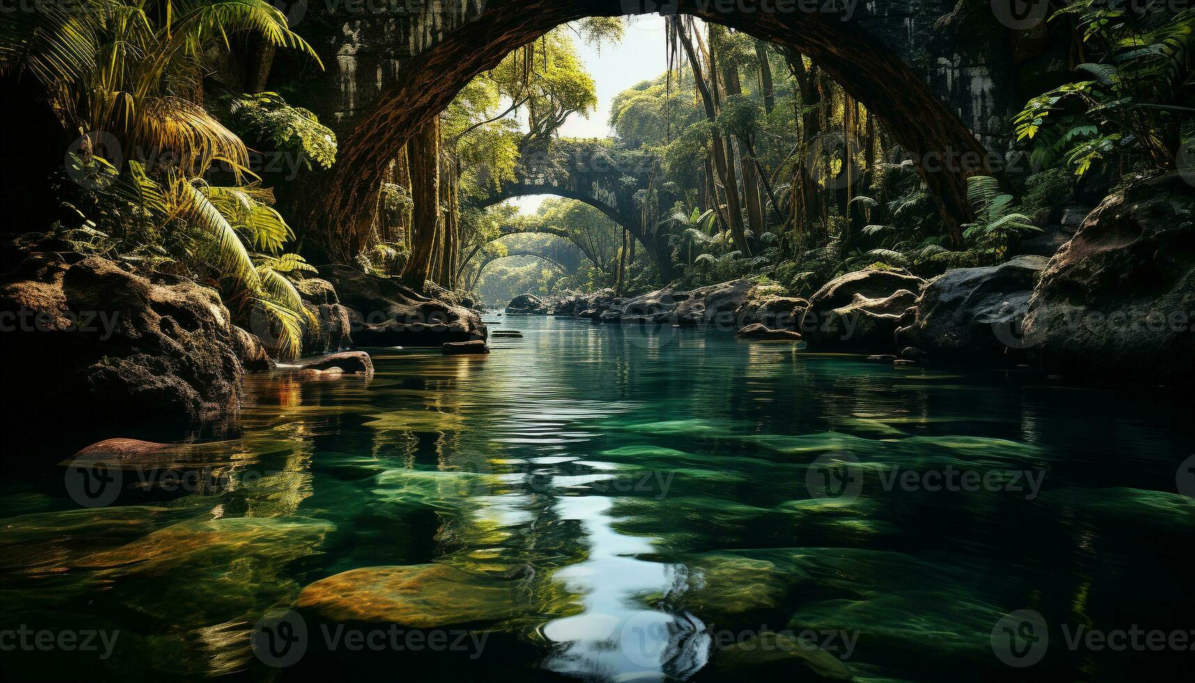 tranquille scène de une tropical forêt tropicale, écoulement eau, et verdure généré par ai photo