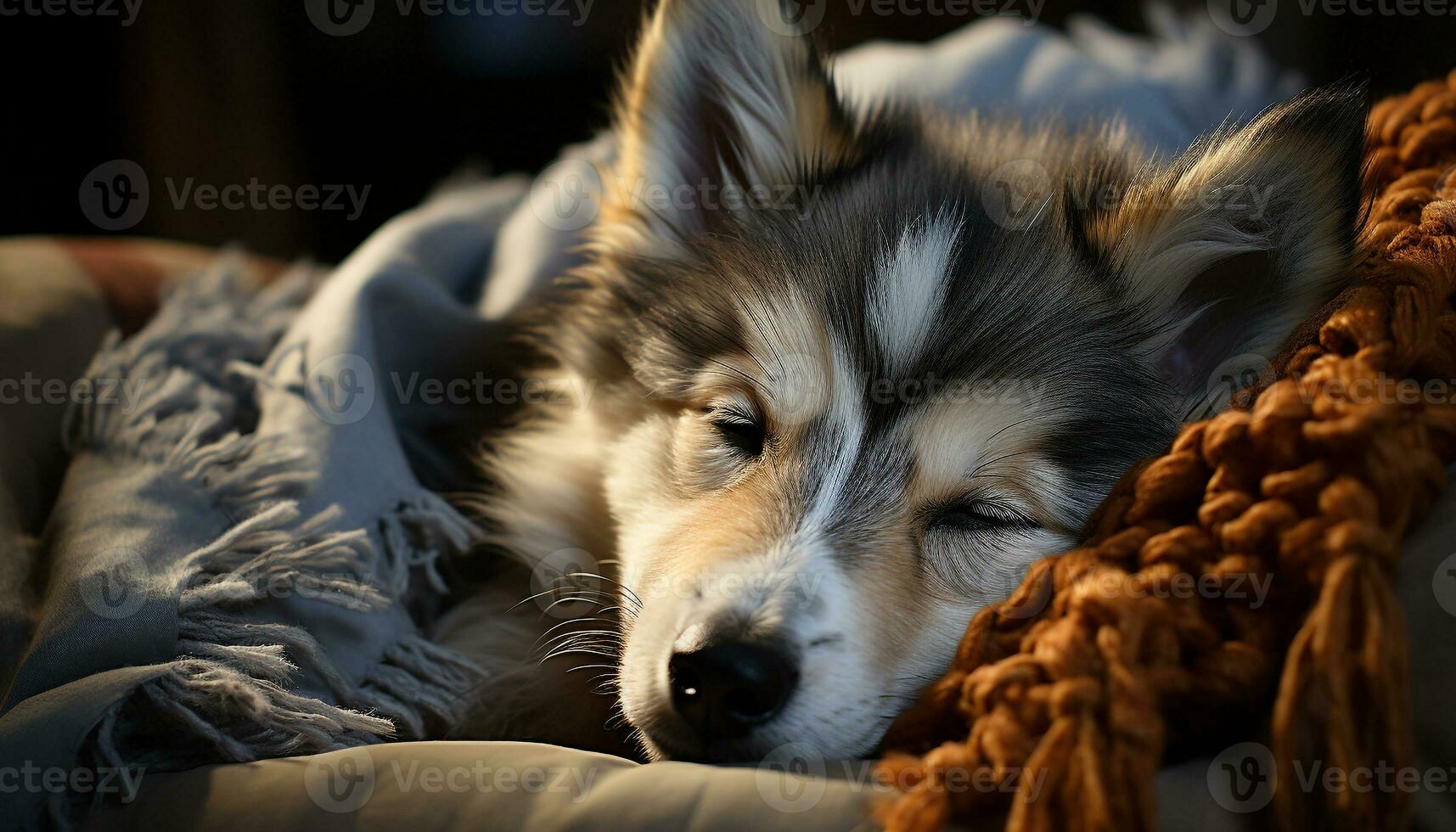 mignonne chiot, de race chien, mensonge bas, en train de dormir confortablement généré par ai photo