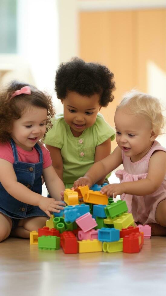 une groupe de les enfants en jouant ensemble et bâtiment avec en bois blocs. photo