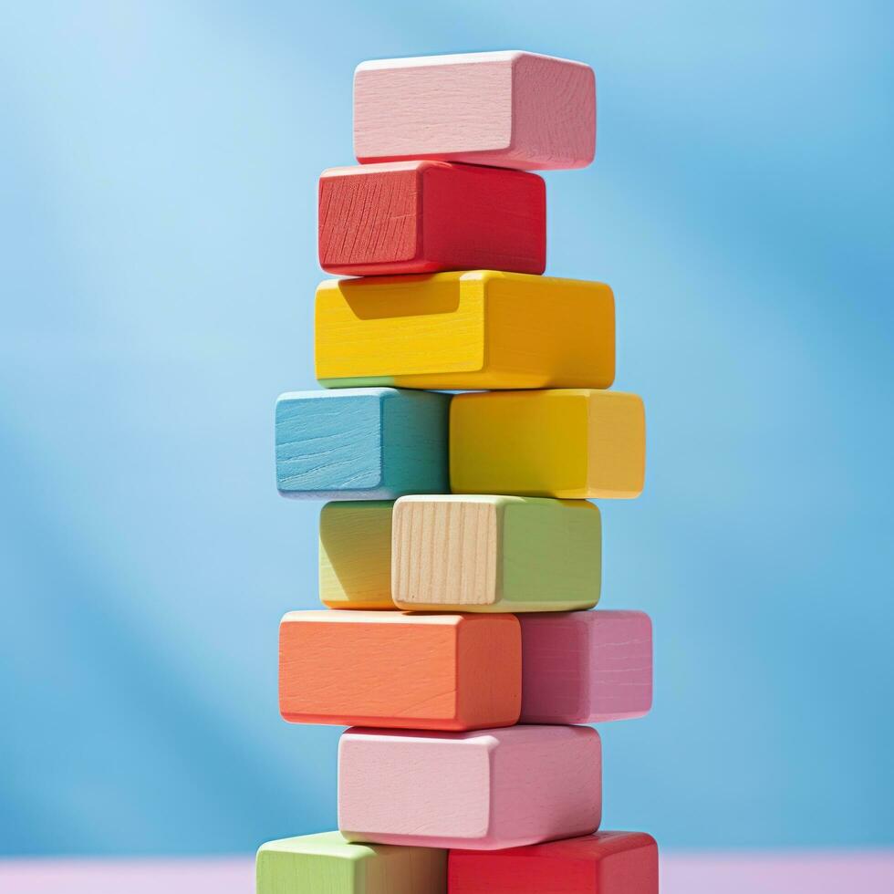 coloré blocs empilés haute dans une la tour photo