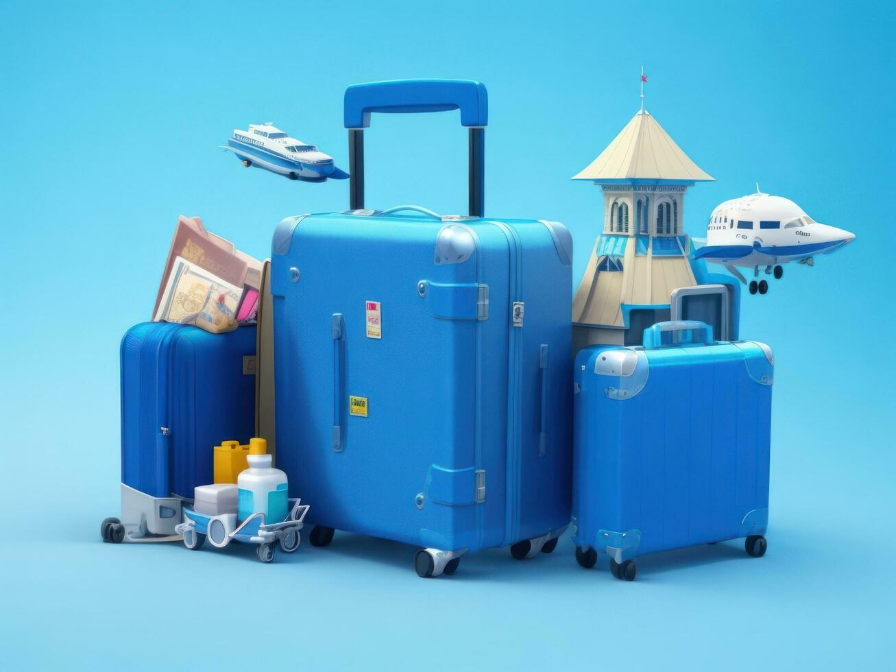 bleu valise plein de Repères et Voyage accessoire sur 3d le rendu, 3d illustration. ai généré photo