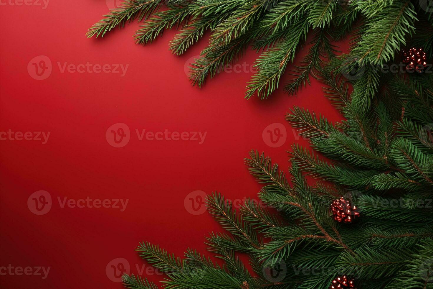 Noël Contexte avec sapin branches, cônes et cadeau boîte sur rouge Contexte ai généré photo