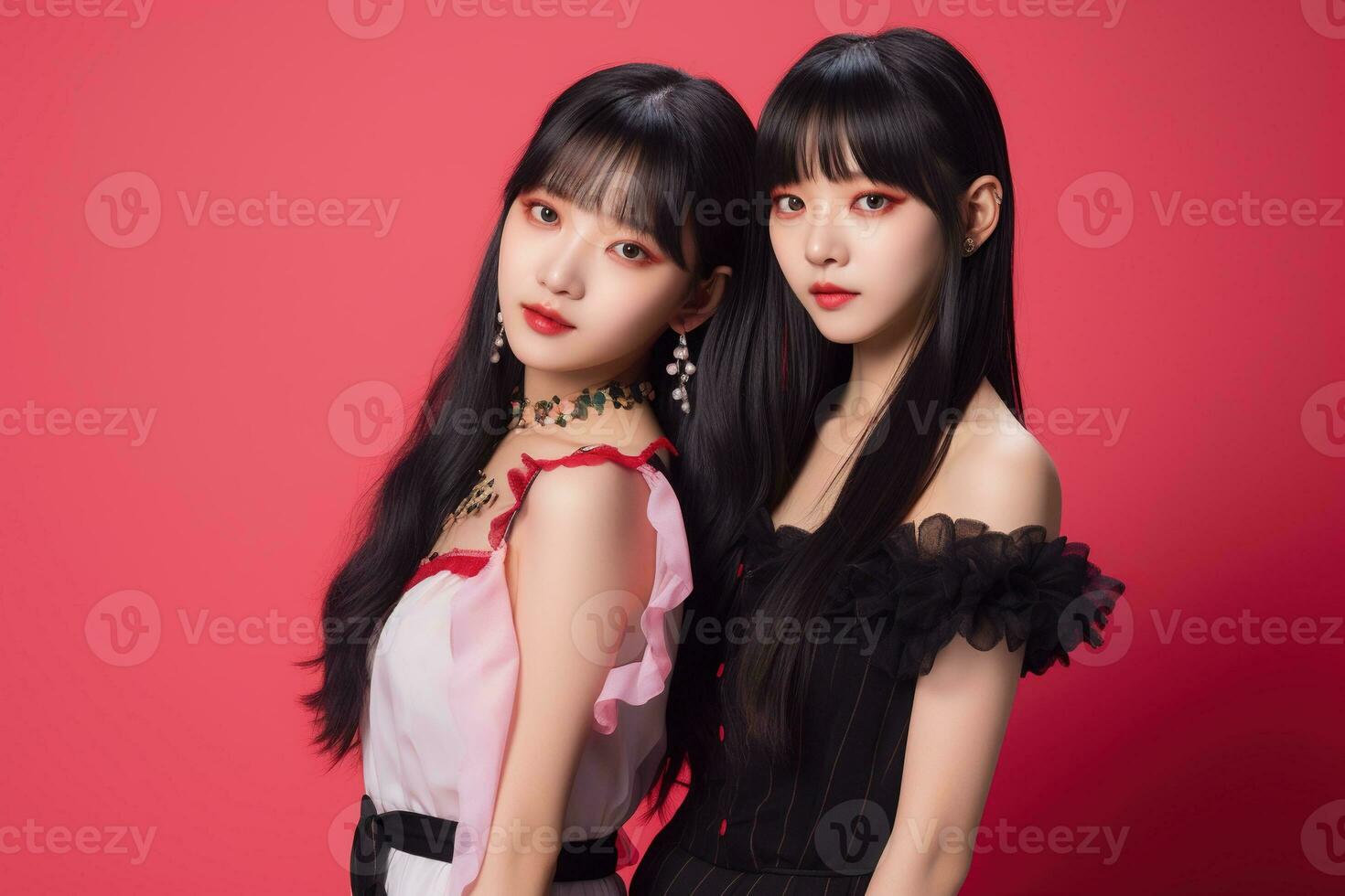 portrait de deux magnifique asiatique femmes dans noir robe sur rouge Contexte ai généré photo