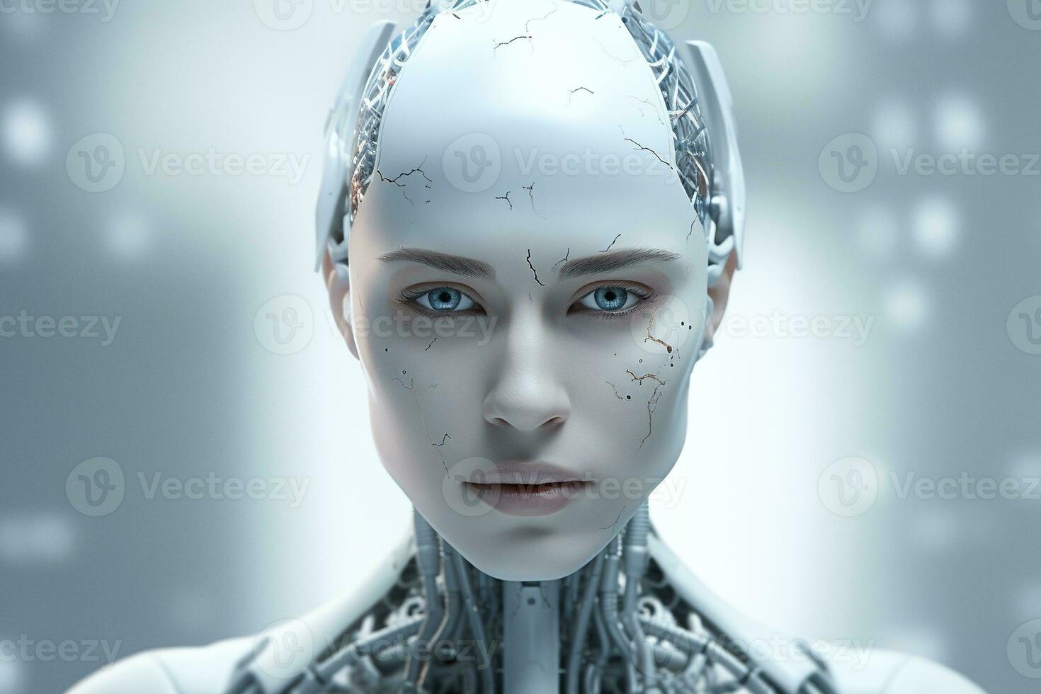 portrait de une robot dans une blanc futuriste intérieur, artificiel intelligence concept ai généré photo