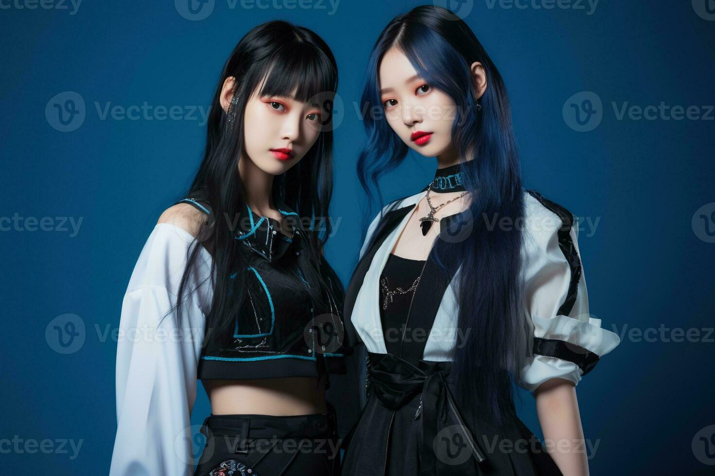 portrait de deux magnifique asiatique femmes dans mode tenues sur bleu Contexte ai généré photo