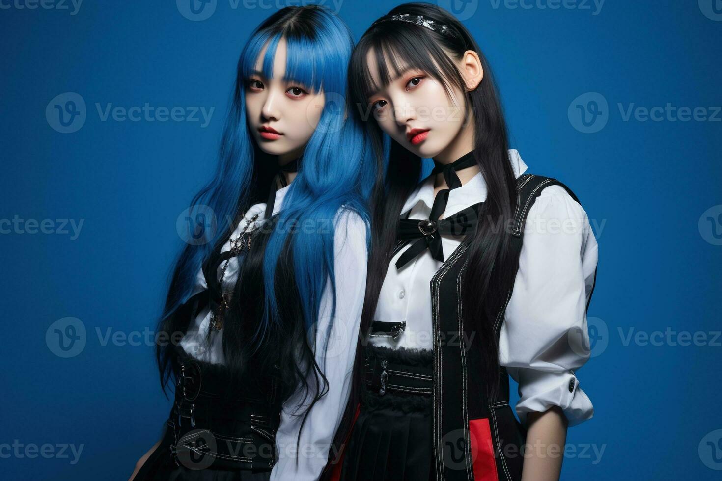 portrait de deux magnifique asiatique femmes dans mode tenues sur bleu Contexte ai généré photo