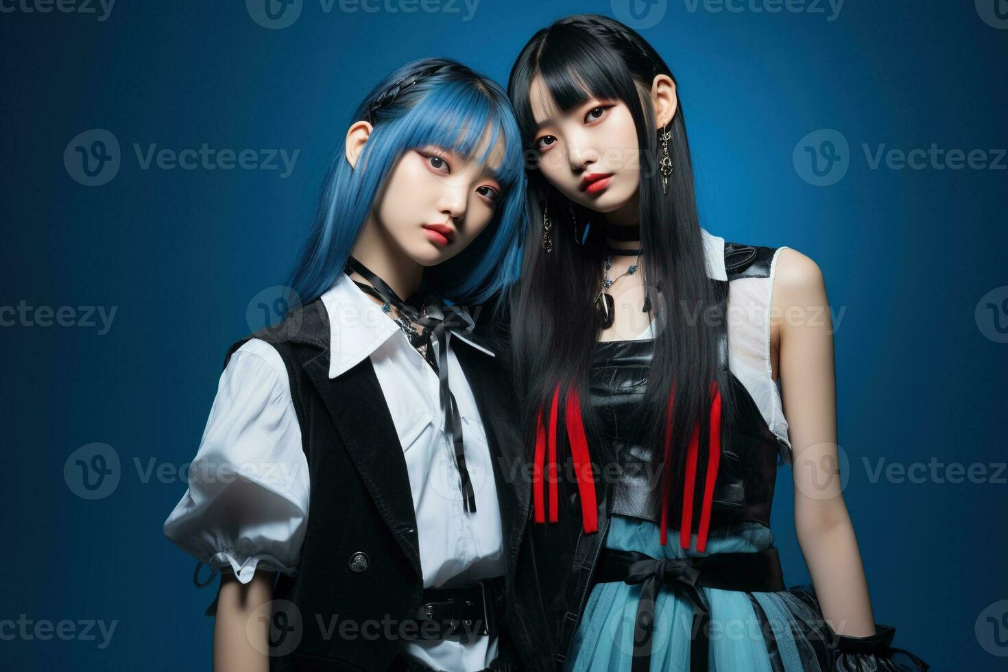 portrait de deux magnifique asiatique femmes dans mode tenues sur bleu Contexte ai généré photo