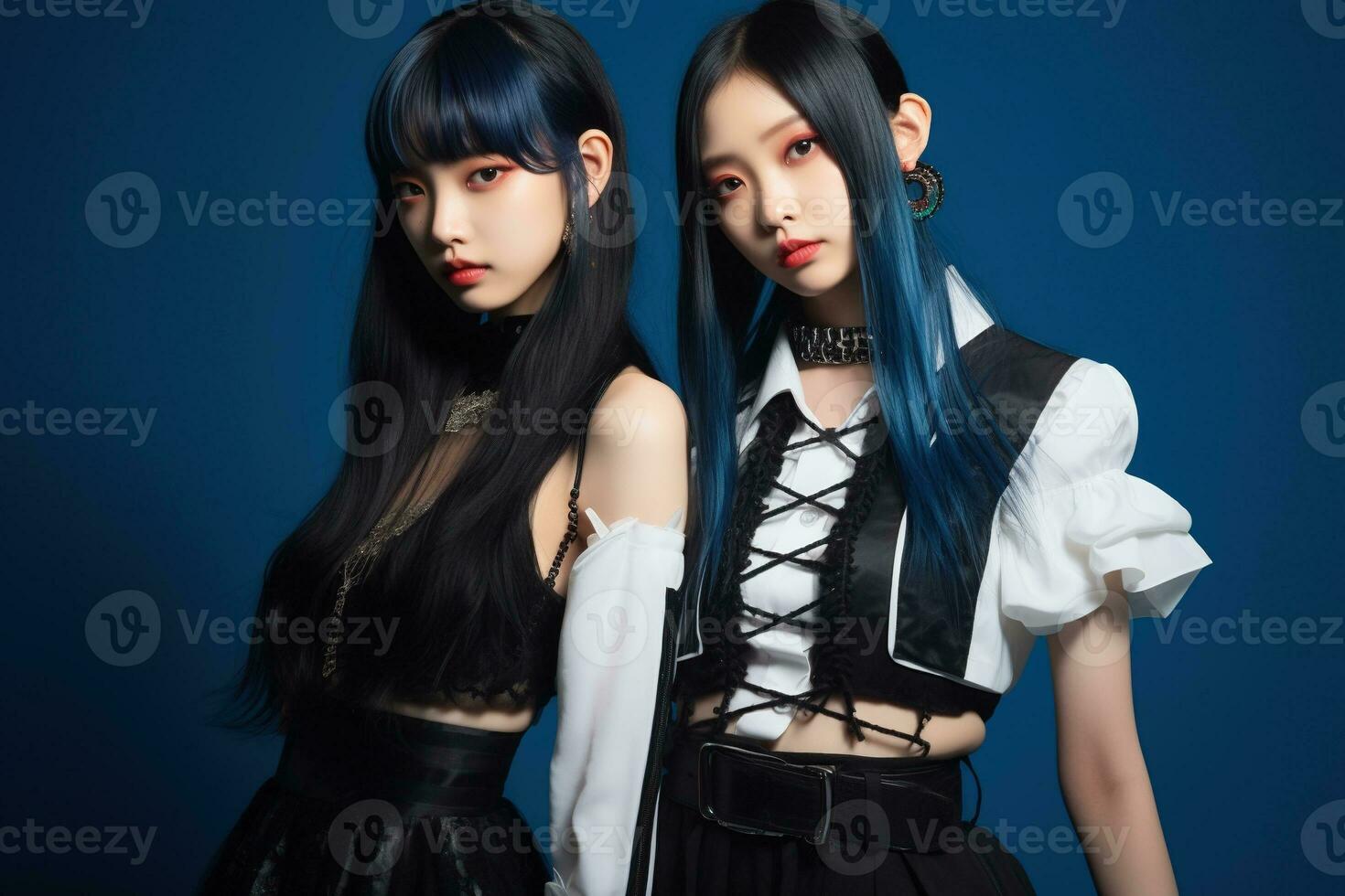 portrait de deux magnifique asiatique femmes dans mode tenues sur bleu Contexte ai généré photo