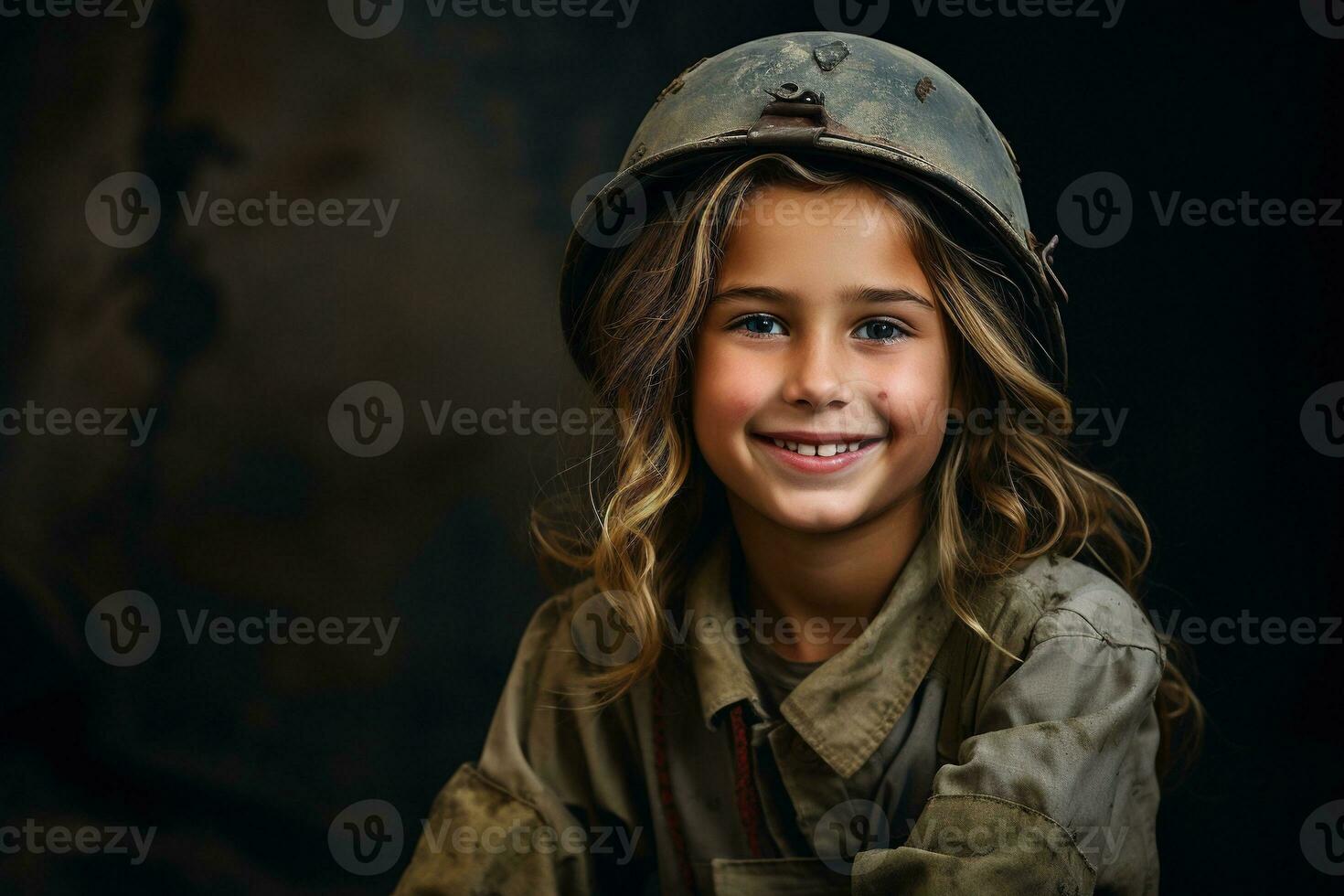 portrait de une peu fille dans une militaire uniforme. studio tir. ai généré photo