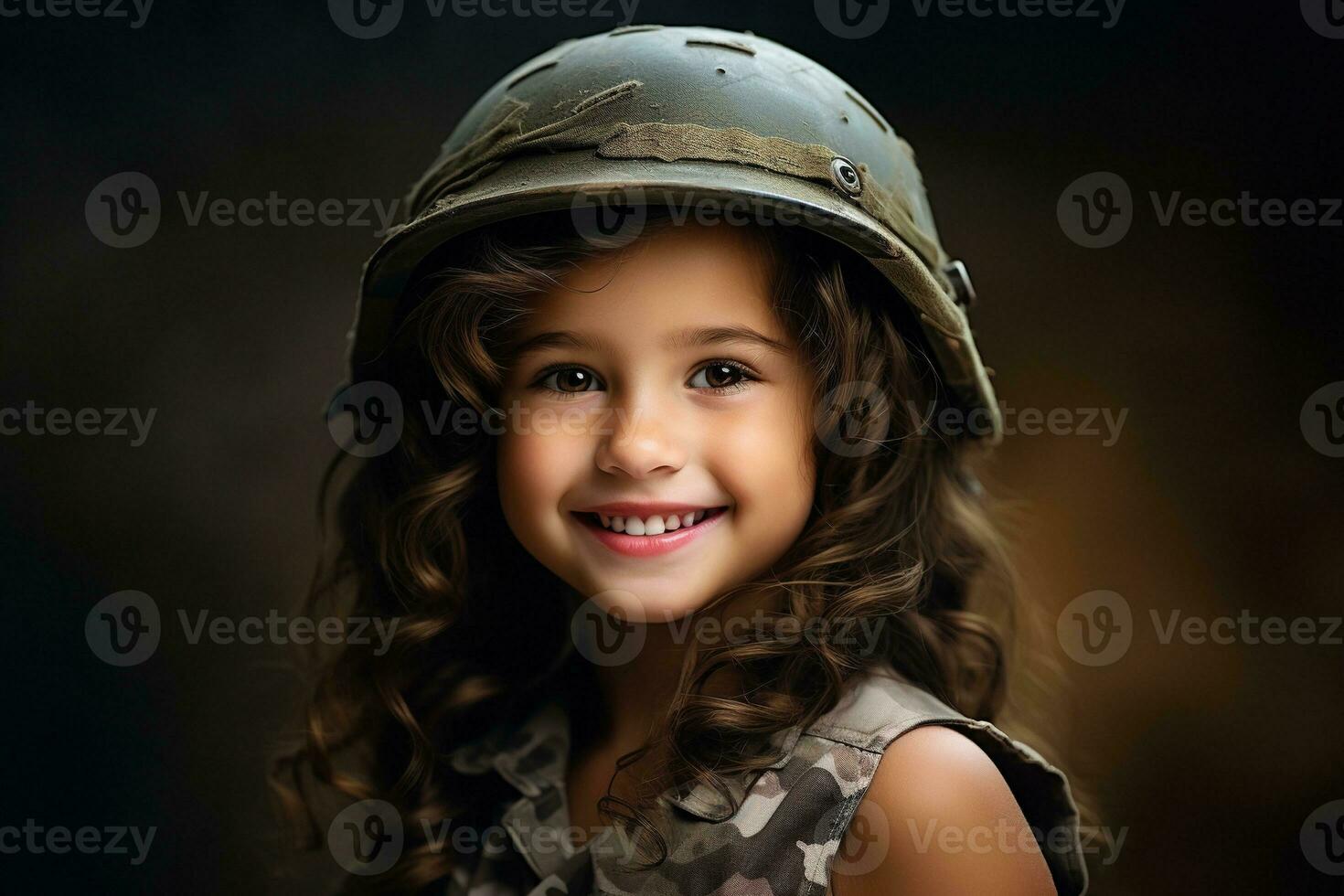 portrait de une peu fille dans une militaire uniforme. studio tir. ai généré photo