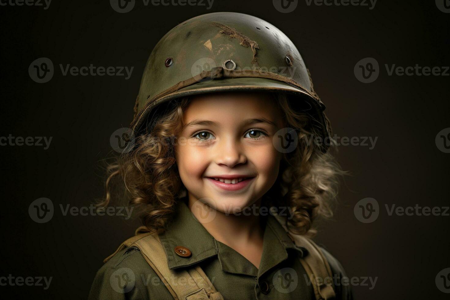 portrait de une peu fille dans une militaire uniforme. studio tir. ai généré photo