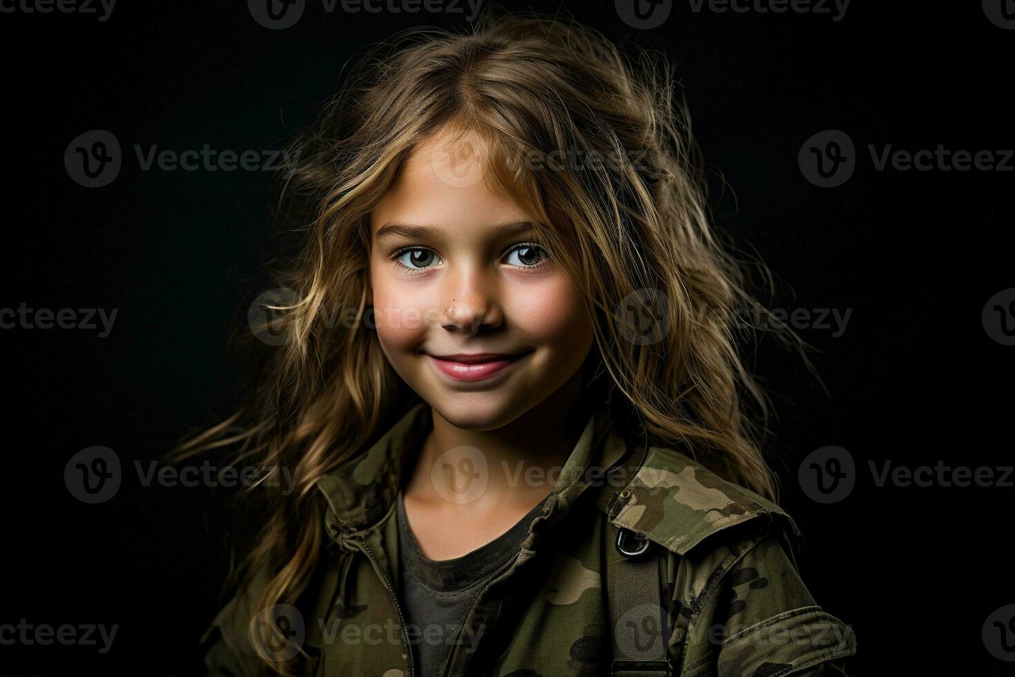 portrait de une peu fille dans une militaire uniforme. studio tir. ai généré photo