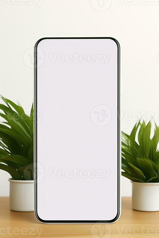 maquette téléphone intelligent avec Vide écran sur table avec vert plante ai généré photo