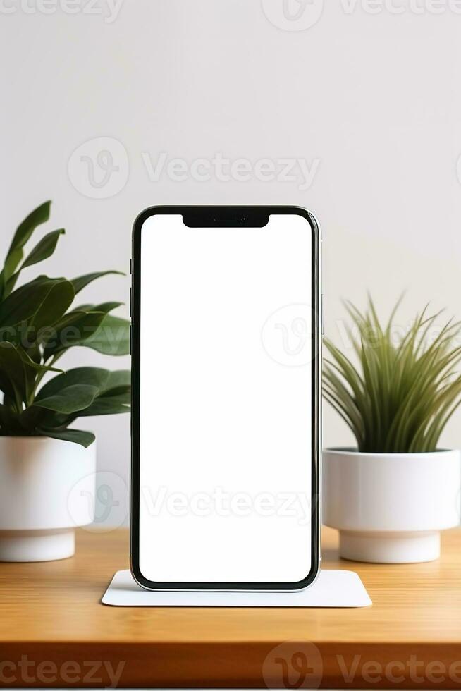 maquette téléphone intelligent avec Vide écran sur table avec vert plante ai généré photo