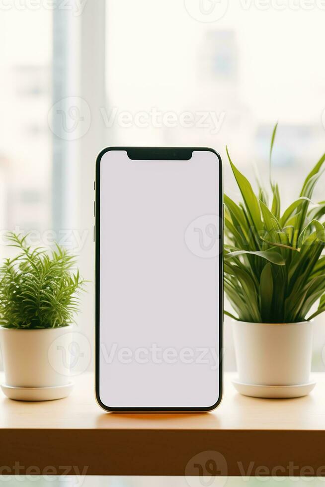 maquette téléphone intelligent avec Vide écran sur table avec vert plante ai généré photo