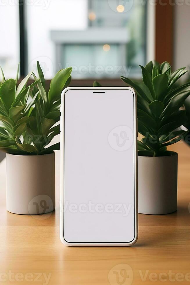 maquette téléphone intelligent avec Vide écran sur table avec vert plante ai généré photo