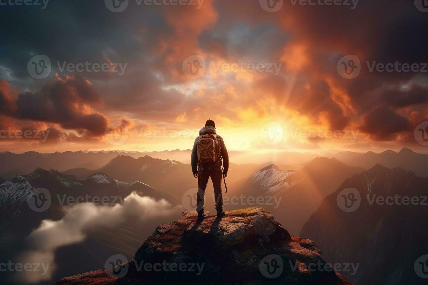 homme permanent sur Haut de le Montagne et à la recherche à le le coucher du soleil ai généré photo