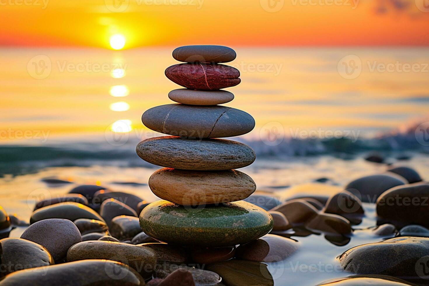 empiler de Zen des pierres sur le plage à le coucher du soleil. Zen concept ai généré photo