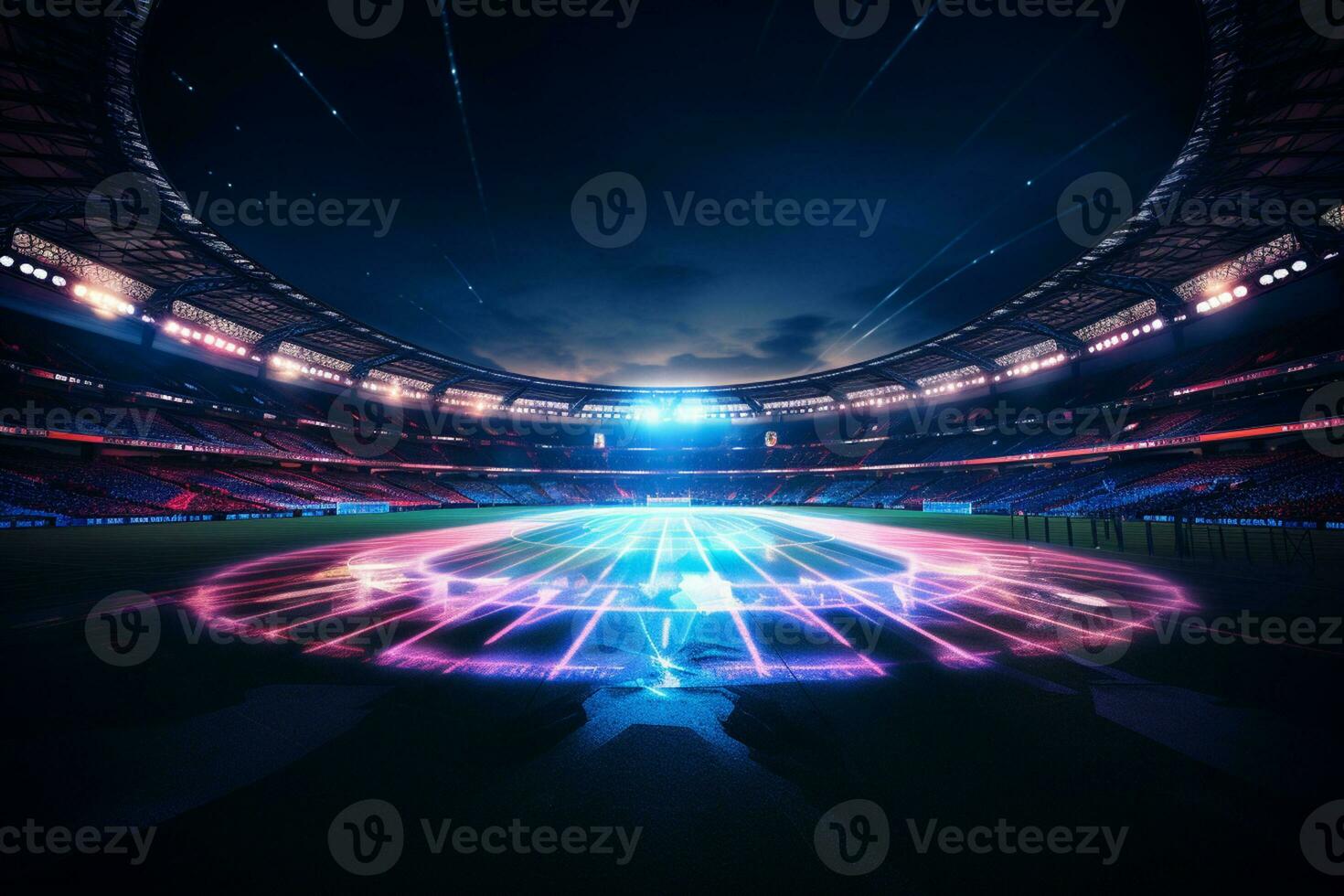 football stade à nuit avec lumières et fusées éclairantes. 3d le rendu ai généré photo