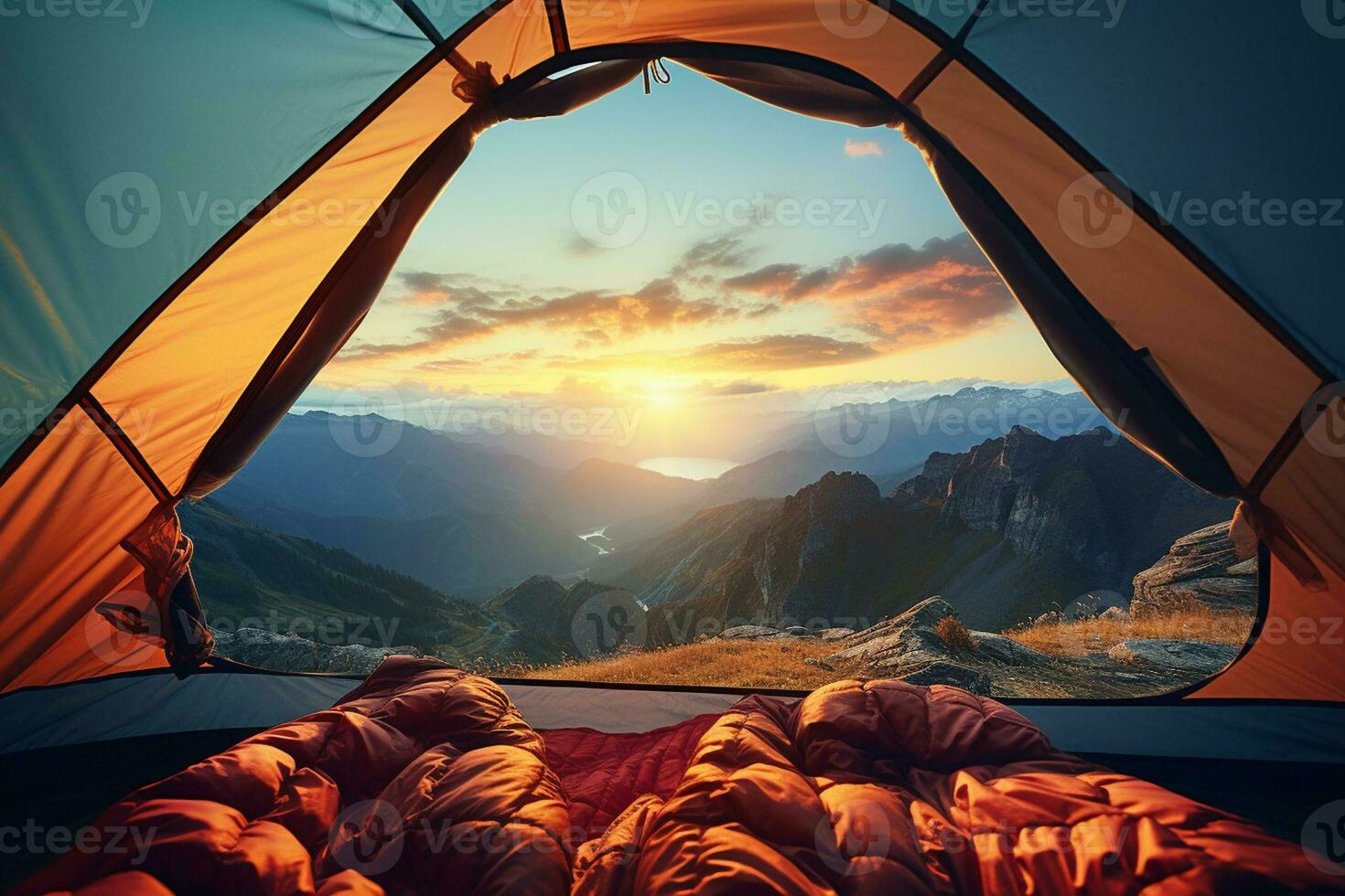 camping dans le montagnes à le coucher du soleil. vecteur illustration pour votre conception ai généré photo