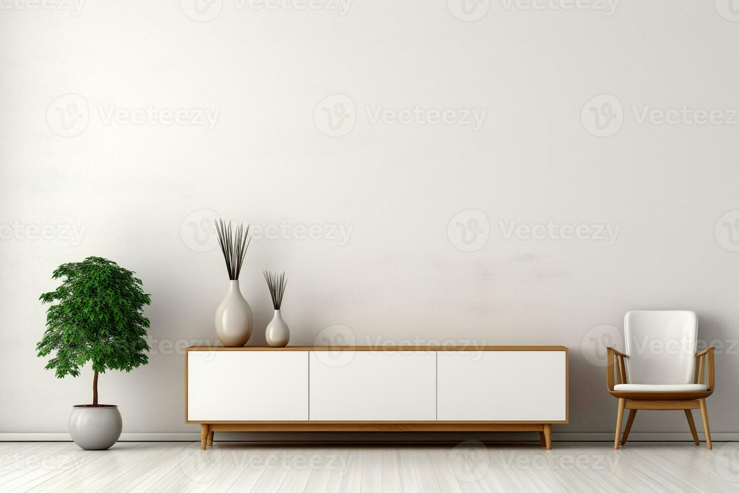 intérieur de moderne vivant pièce avec blanc des murs, béton sol, marron canapé et café tableau. 3d le rendu ai généré photo