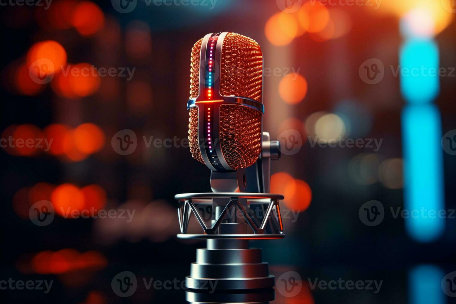 microphone sur une supporter dans de face de une coloré bokeh Contexte. 3d le rendu ai généré photo