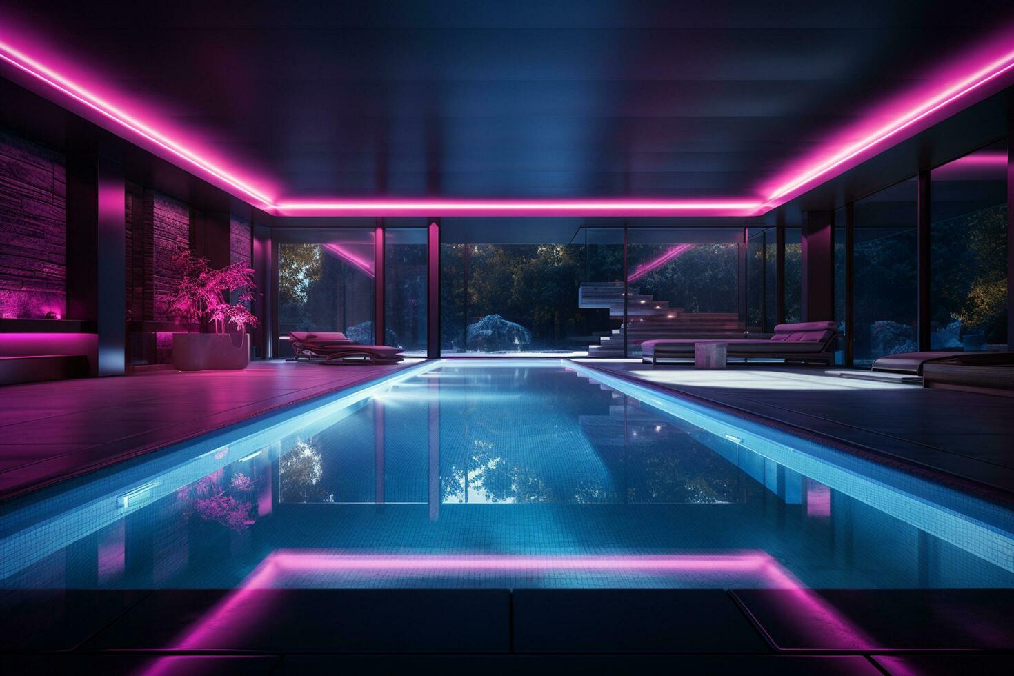 nager bassin avec néon lumières à nuit. 3d le rendu. ai généré photo