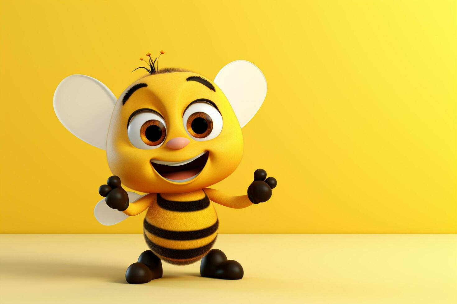 3d illustration de mignonne abeille dessin animé personnage avec fleur sur Jaune Contexte ai généré photo