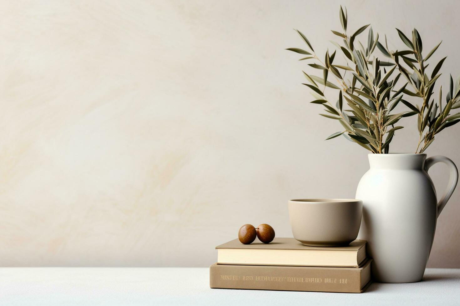 vase avec olive branches et livres sur en bois table contre gris mur ai généré photo