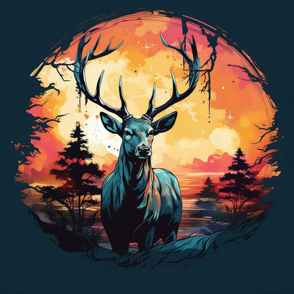 cerf tête avec bois dans le forêt avec Soleil. vecteur illustration. t chemise conception ai généré photo