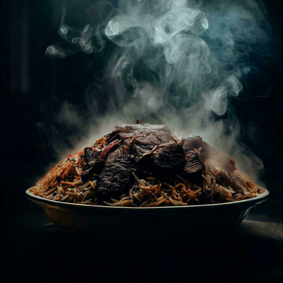 une l'eau à la bouche biryani avec basmati riz cette a été Tout à fait délicieux par génératif ai photo