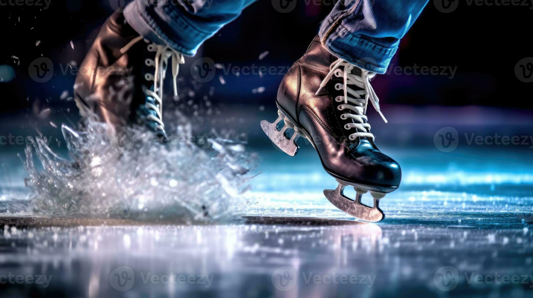 fermer de un la glace du patineur pieds. génératif ai photo