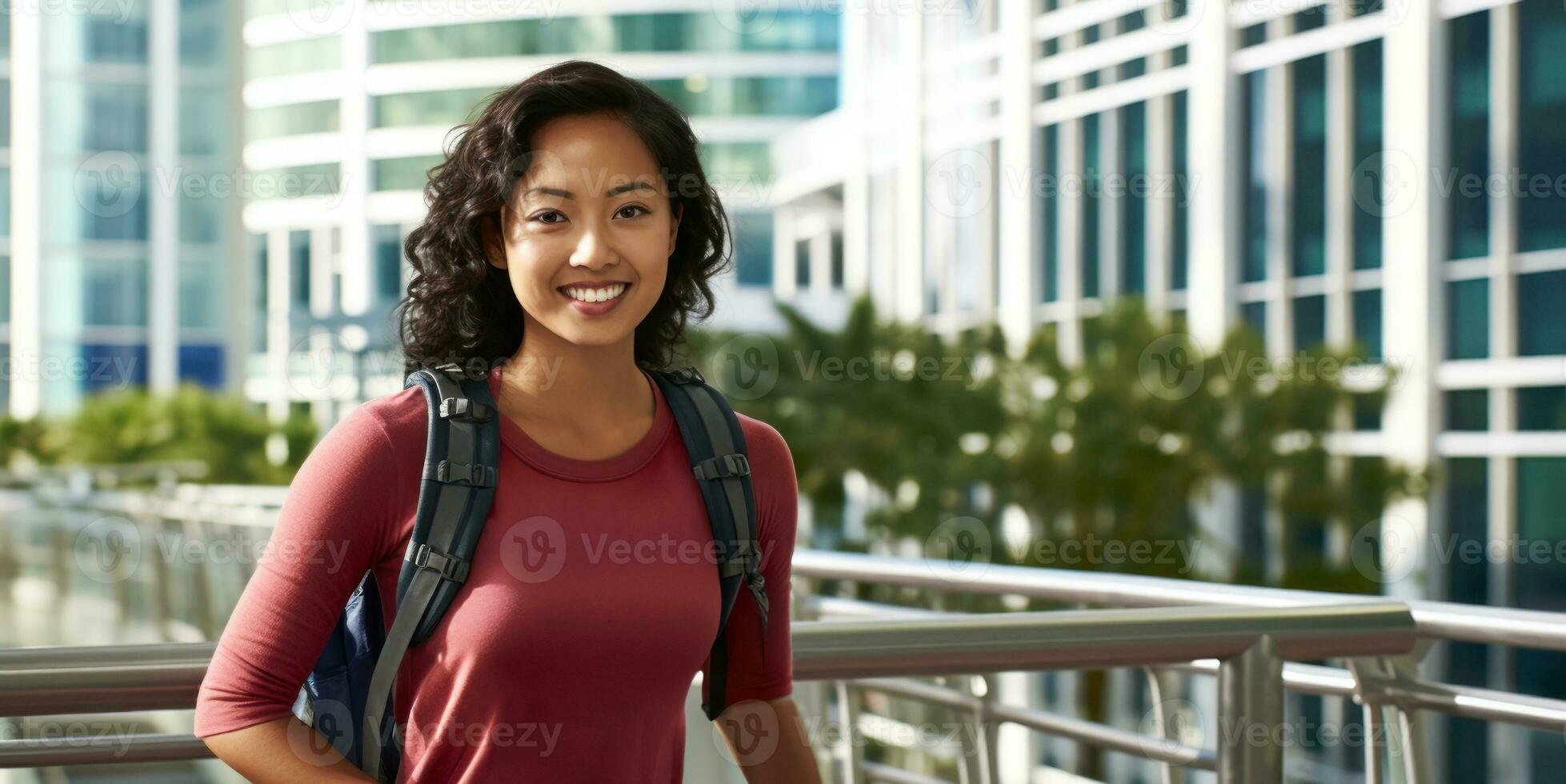 asiatique femme d'affaires avec sac à dos va à travail. génératif ai photo