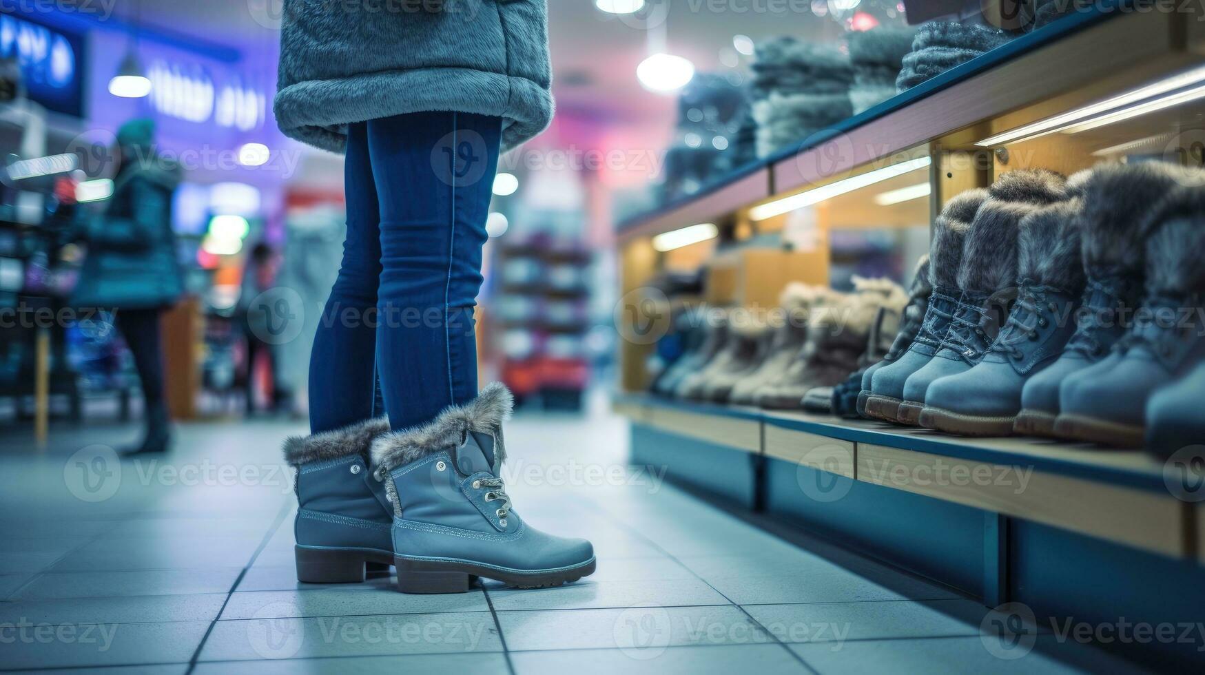 femme dans une chaussure magasin à la recherche pour hiver bottes. génératif ai photo