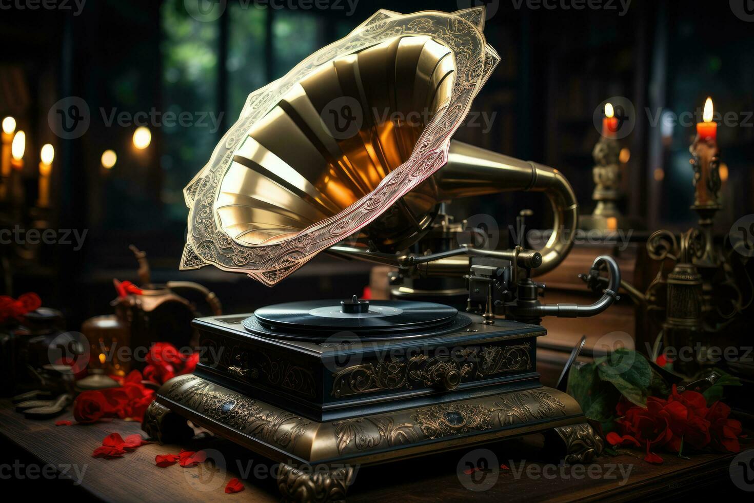 une captivant macro coup de un antique gramophone. génératif ai photo