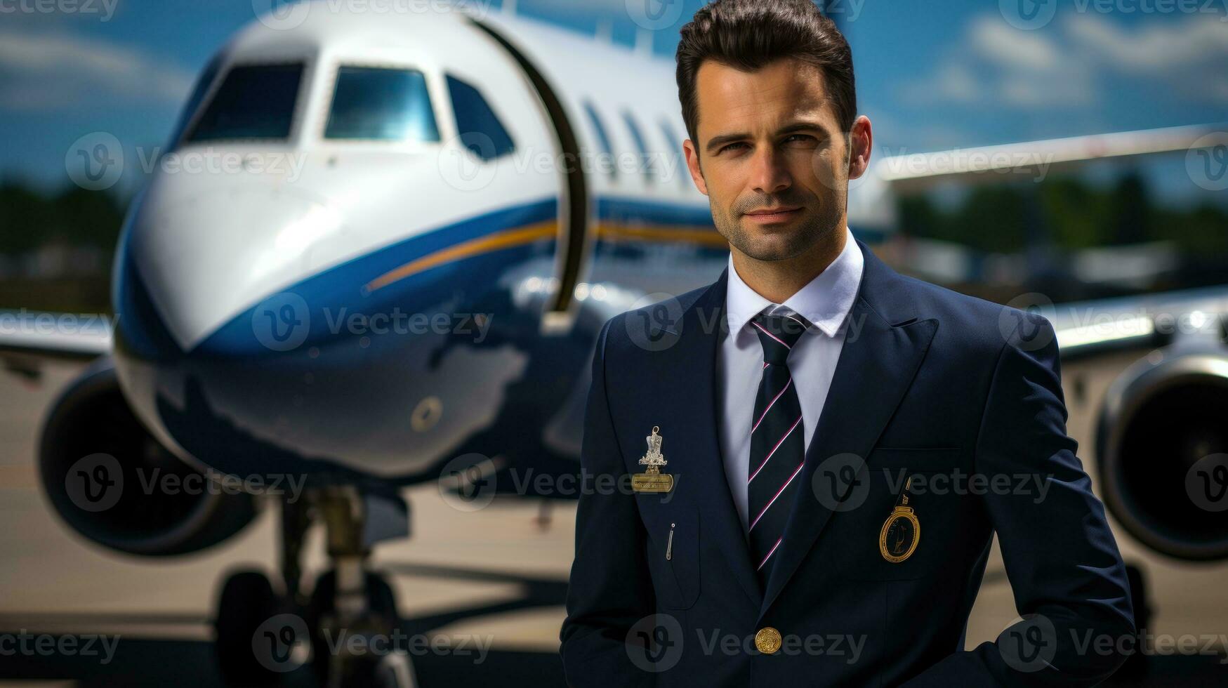 attrayant pilote homme posant dans de face de avion. génératif ai photo