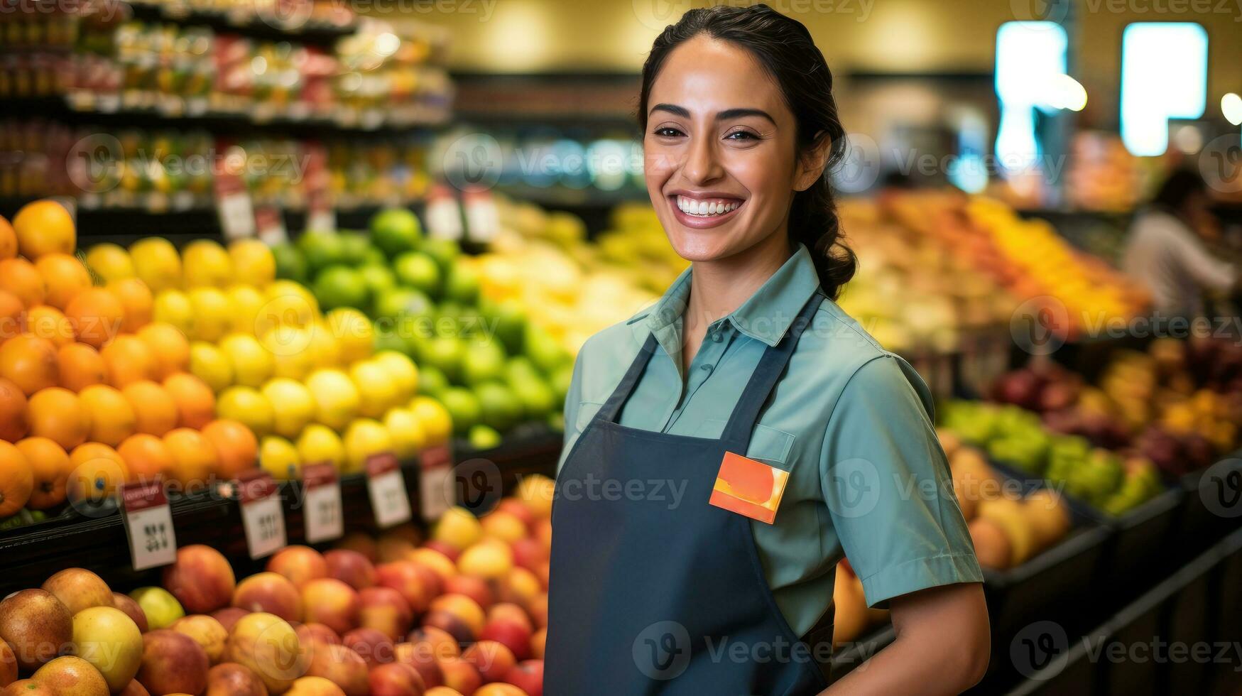 une femme dans le fruit et légume département. génératif ai photo