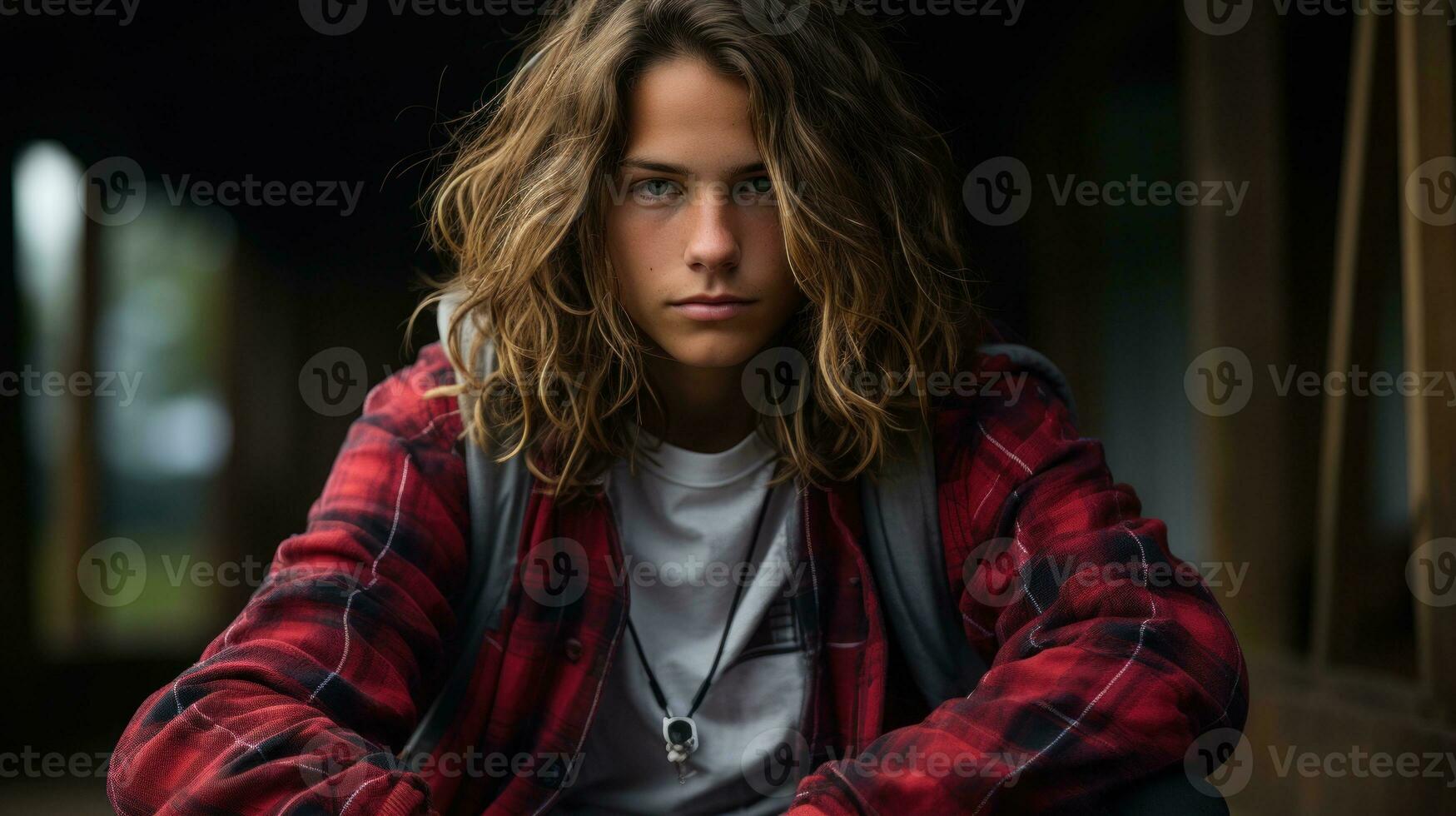 adolescent dans une grunge flanelle chemise et déchiré jeans.. génératif ai photo