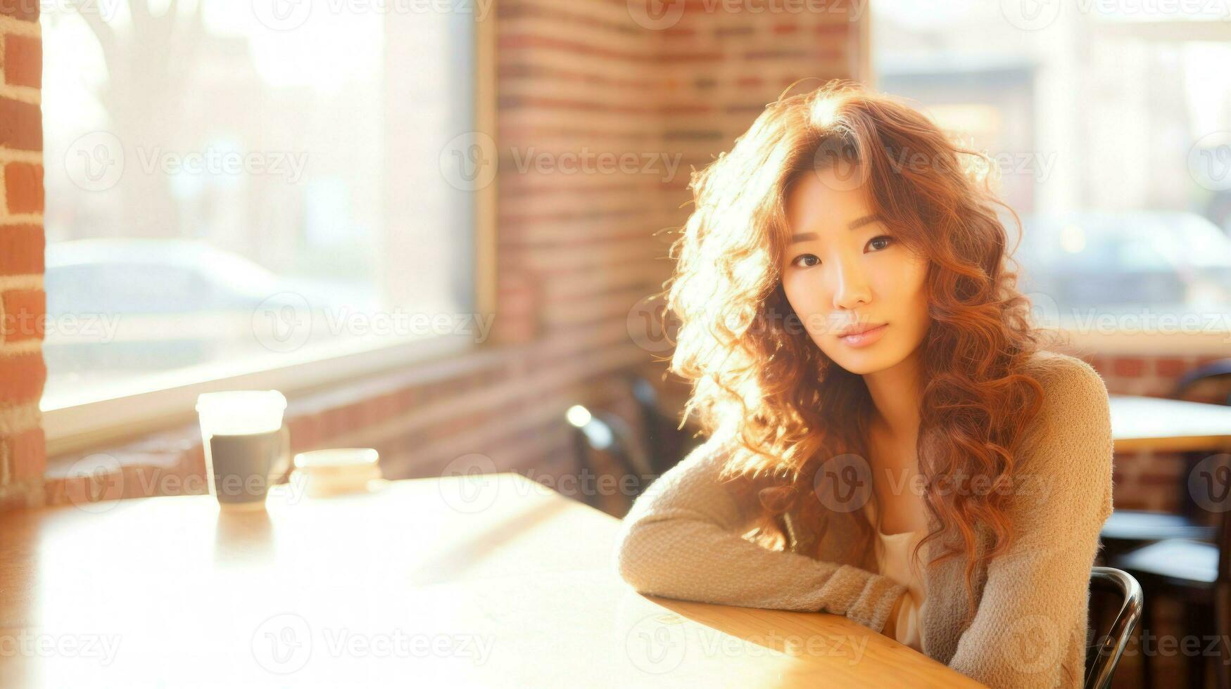 asiatique Jeune femme séance à une table dans une café. génératif ai photo