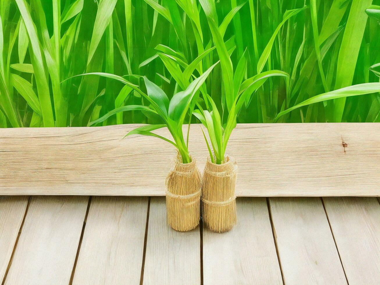 en bois table sur bambou plante Contexte ai généré photo