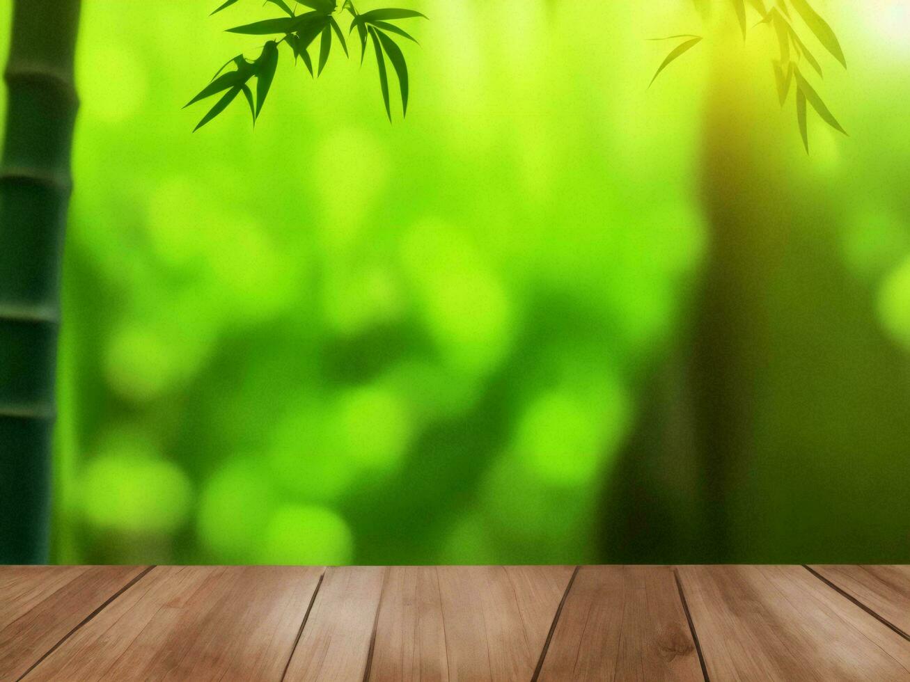 en bois table sur bambou plante Contexte ai généré photo