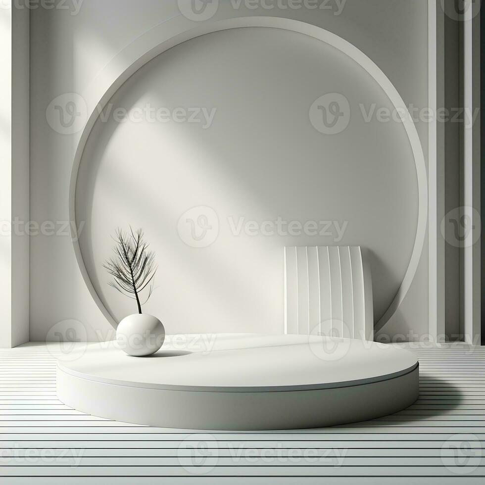 3d rendre de blanc rond podium sur le en bois sol dans le moderne chambre. ai génératif illustration. podium pour produit tirer. marbre , usine, minimal afficher pour produit. photo