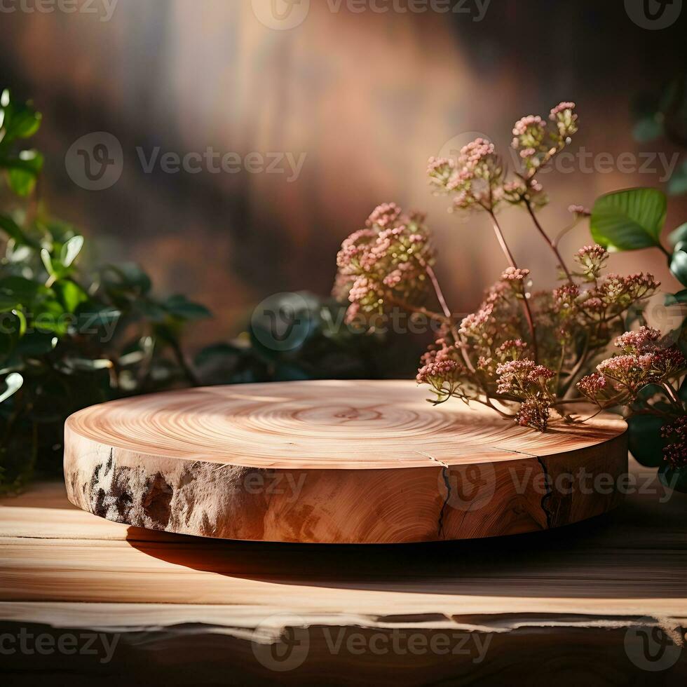 mis sur une en bois Plate-forme avec une feuillu ombre. maquette pour une produits de beauté ou beauté produit. piédestal de Naturel pierre pas. moderne et branché graphique et bannière. génératif ai photo