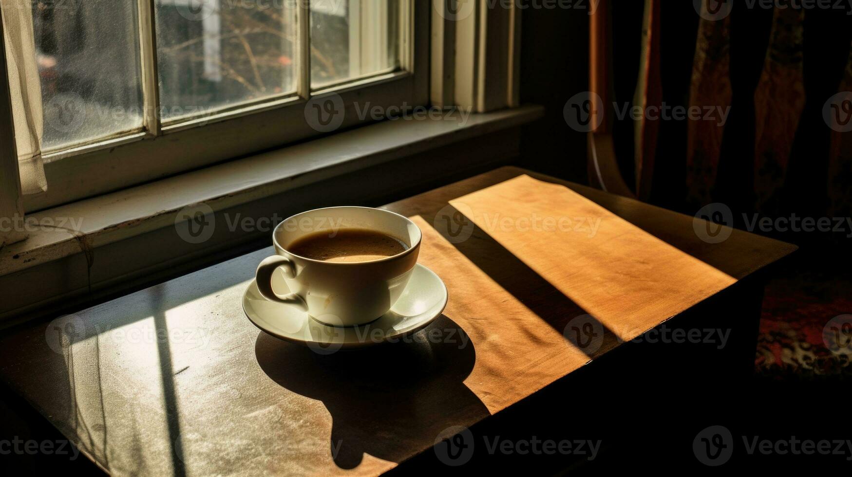 ai génératif tasse de café sur le fenêtre seuil dans le Matin lumière. photo