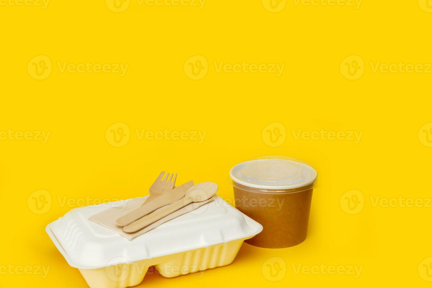 boîte à déjeuner avec jetable coutellerie et papier soupe récipient avec copie espace photo