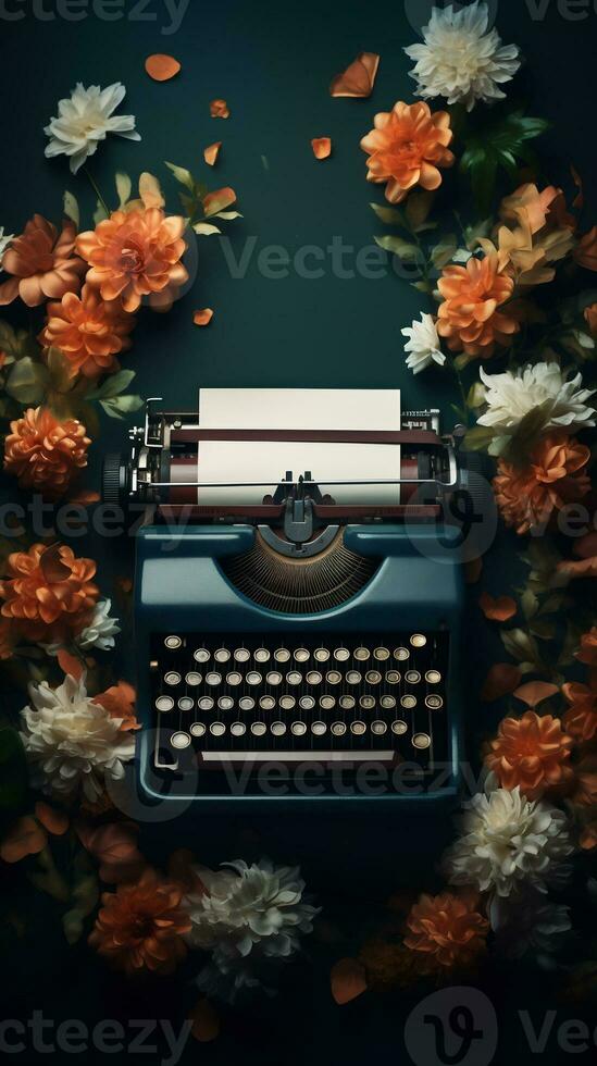 machine à écrire avec fleurs sur une foncé Contexte Haut voir. ai généré photo