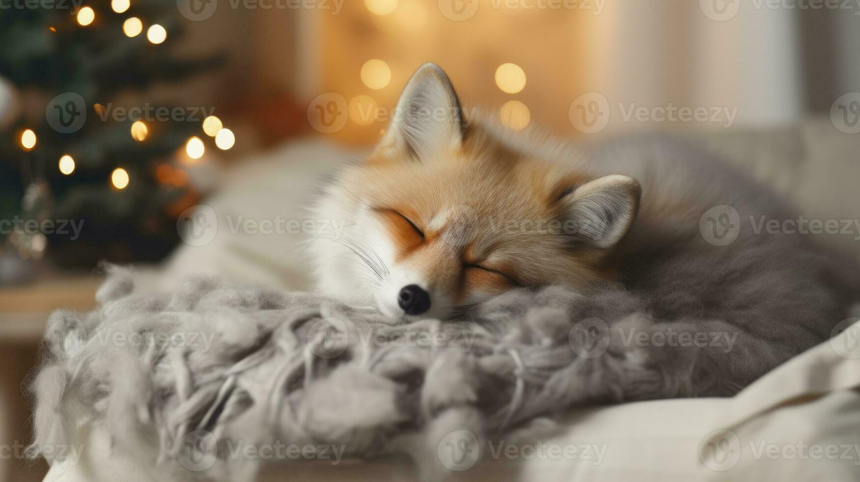 ai généré mignonne peu Renard en train de dormir sur canapé dans pièce avec Noël arbre et lumières photo