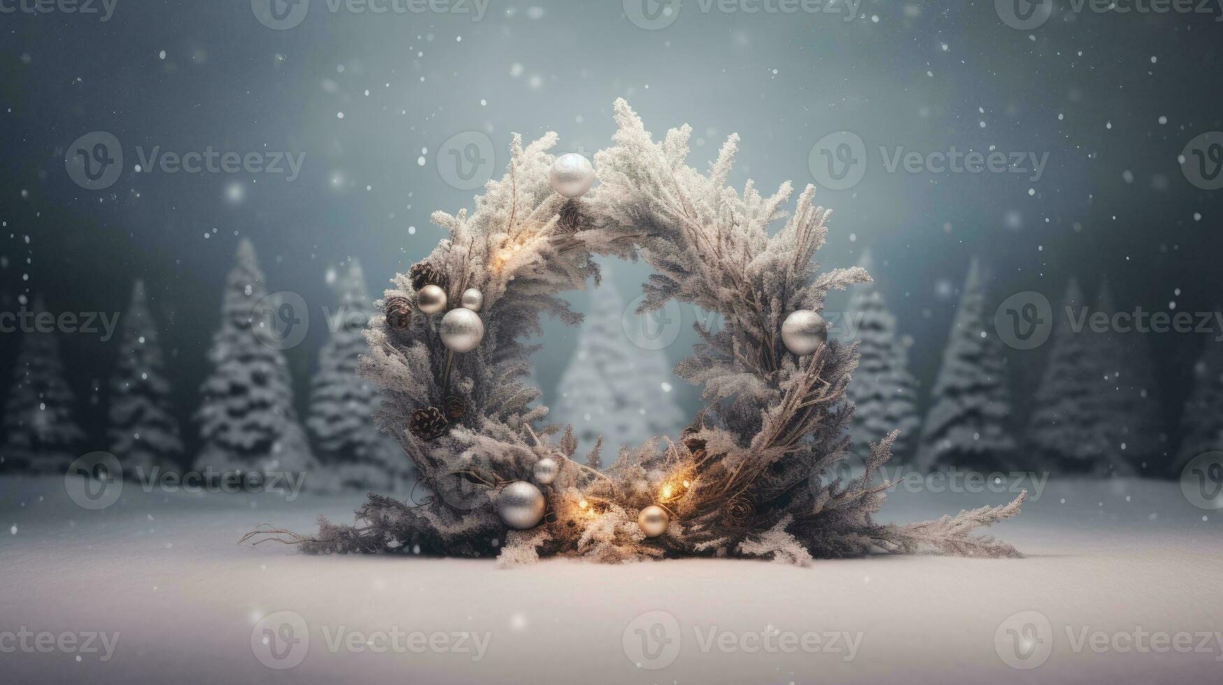 ai génératif hiver forêt avec neige couvert des arbres. Noël et Nouveau année Contexte. Noël couronne avec vide espace pour texte. photo