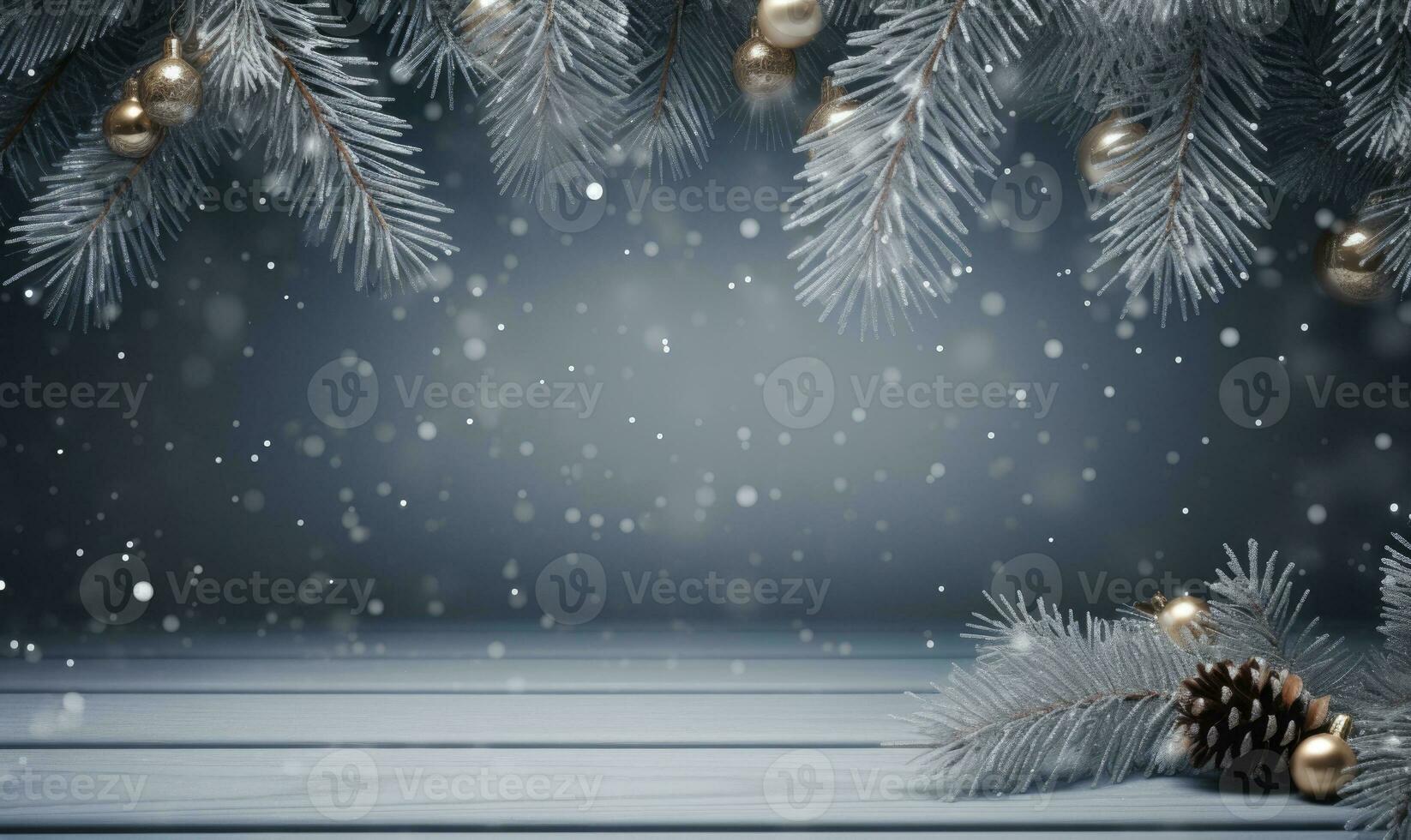 ai généré Noël Contexte. épicéa branche et flocons de neige Cadre. espace pour texte. photo